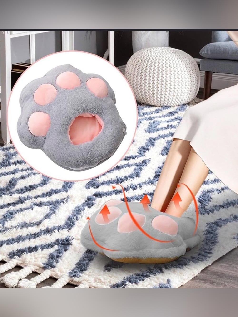 Plush Cat Paw USB Foot Warmer Heated Cozy House Slippers Gray Pink